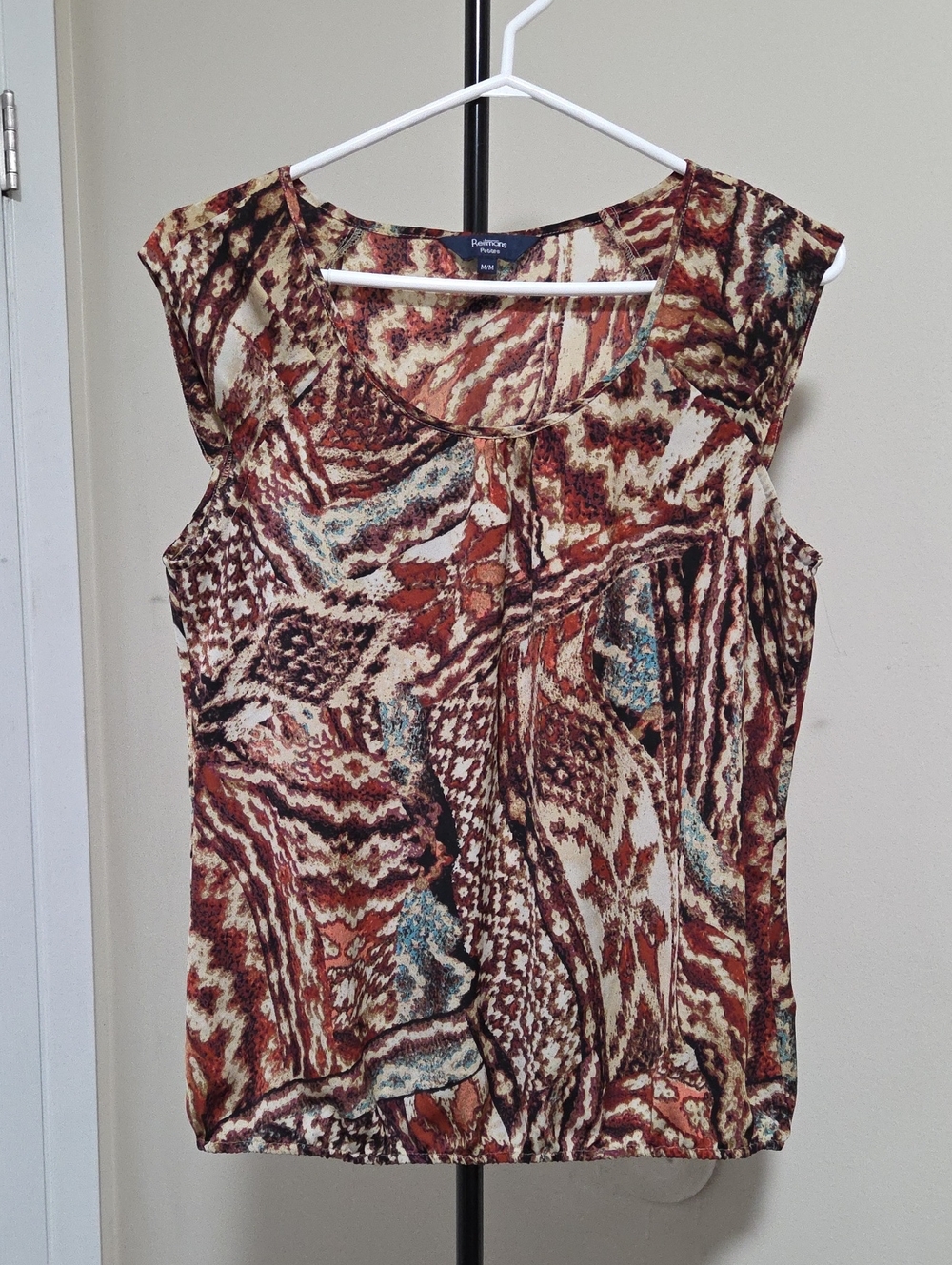 Reitmans Brown Multi-Print Sleeveless Scoop Neck Top with Teal Accents